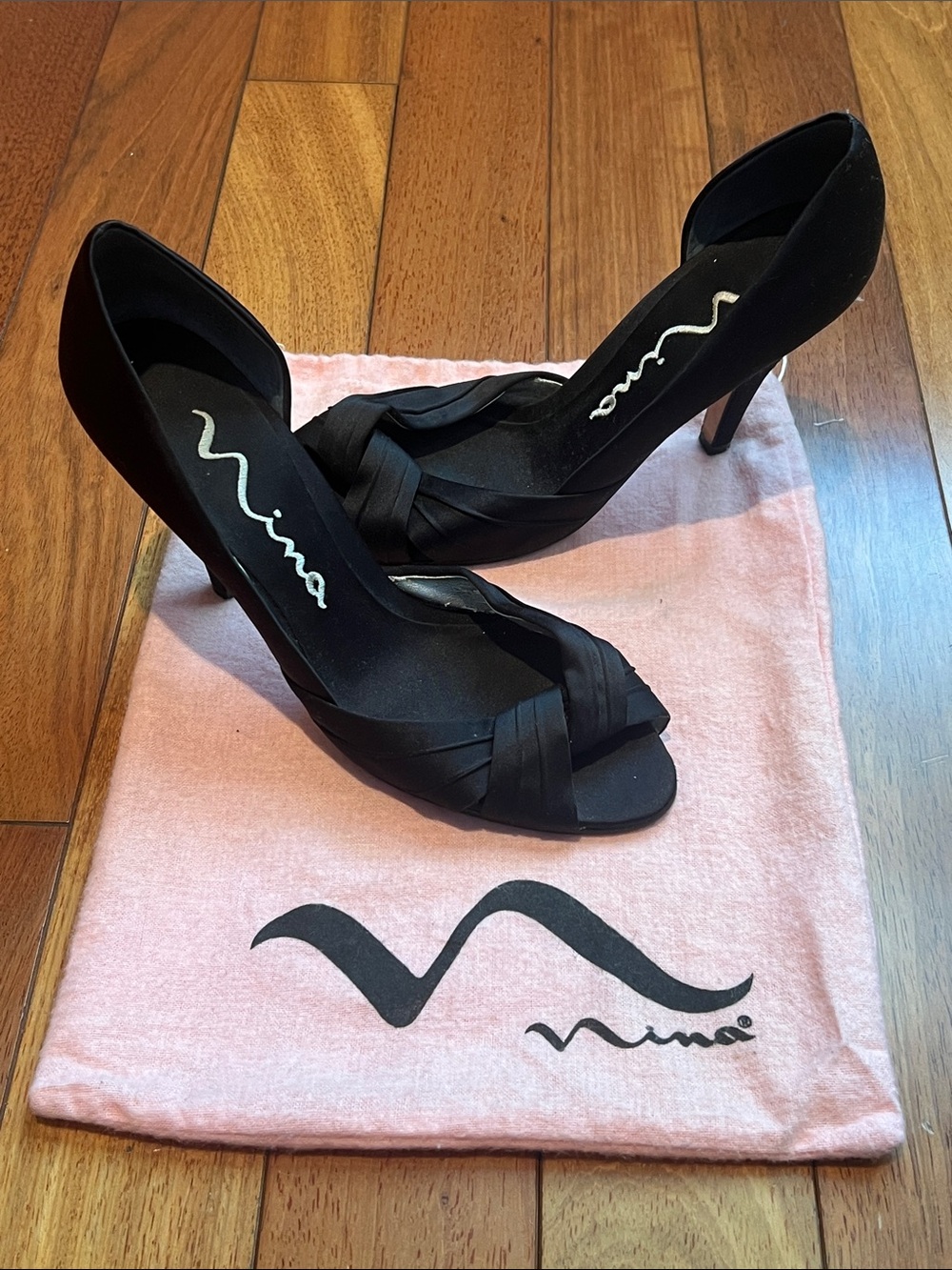 Nina Black Satin Knotted Peep-Toe Pumps